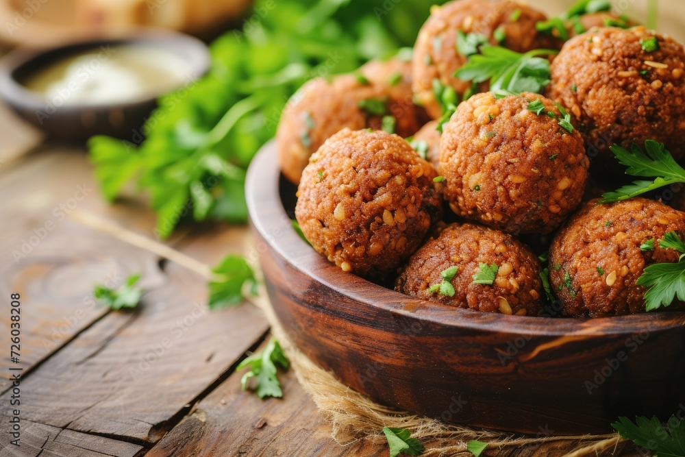 Selective focus on falafel balls on a wooden table Selective focus on falafel balls on a wooden table