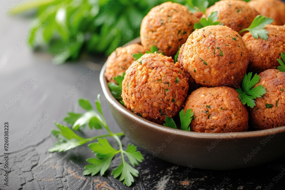 Close up view of Middle Eastern traditional snack fried falafel served with a side Close up view of Middle Eastern traditional snack fried falafel served with a side