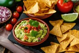 Guacamole and queso bowls accompanied by tortilla chips