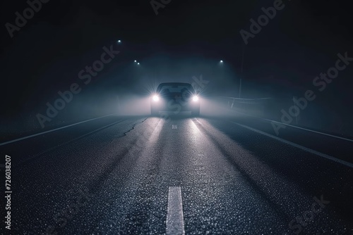 Driving towards car headlights on asphalt road at night