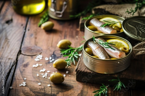 Open cans of sardines and olives on a wooden table photo