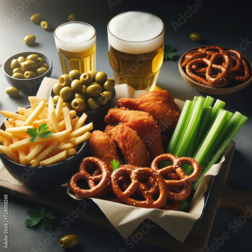 game day snack tray with beer and pretzels, fries and beer, beer and chips, Draft beer and snacks, light beer, cold snacks on a tray, Chicken Wings, snack mix, Plenty of food, Delicious or appetizer.