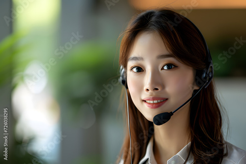 Asian woman call center officer wearing microphone headset and happy working with a friendly face