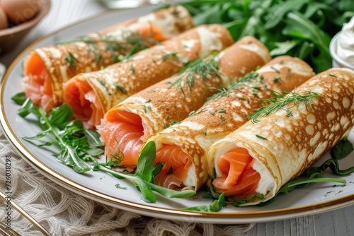 Smoked salmon horseradish cream cheese and rocket leaves on thin pancakes