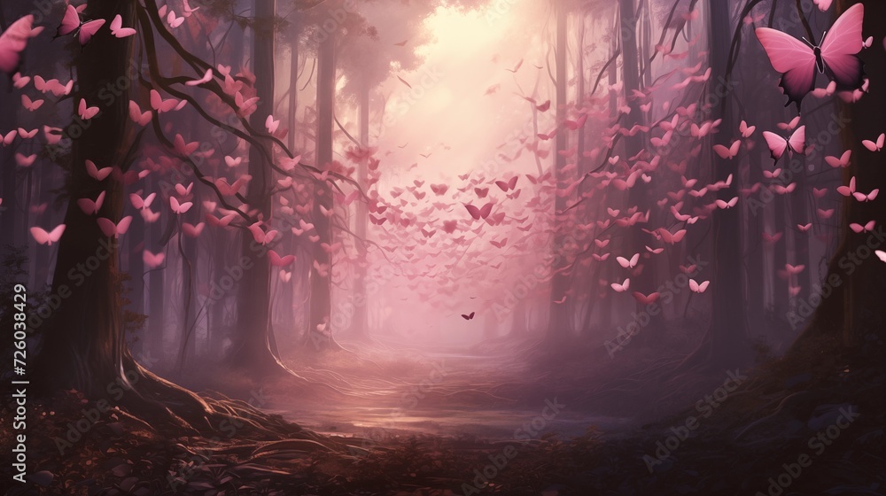 Obraz premium Heart-Shaped Pink Butterflies Forming a Heart Symbol in Forest 