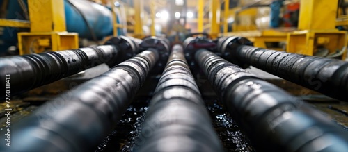 High pressure rubber oil hoses are utilized by a large modern industrial subway drilling machine. photo