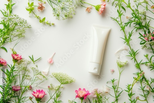 Floral design on light background tube for natural cosmetics
