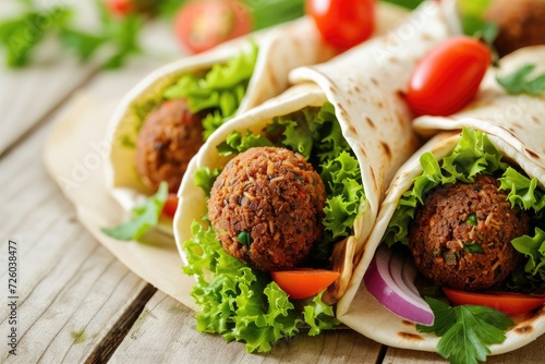 Vegetarian healthy food tortillas with falafel and fresh vegetables on a white wooden background