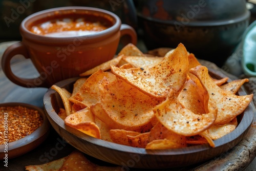 Fried tapioca chips with spice and Indian milk tea Popular tea time snacks in India Indonesia Brazil Sri Lanka and Kerala