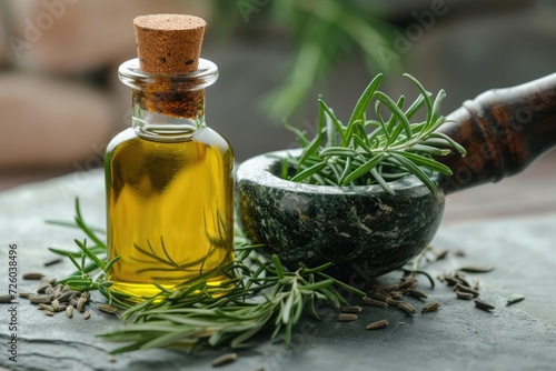Fresh rosemary in mortar and oil bottle photo