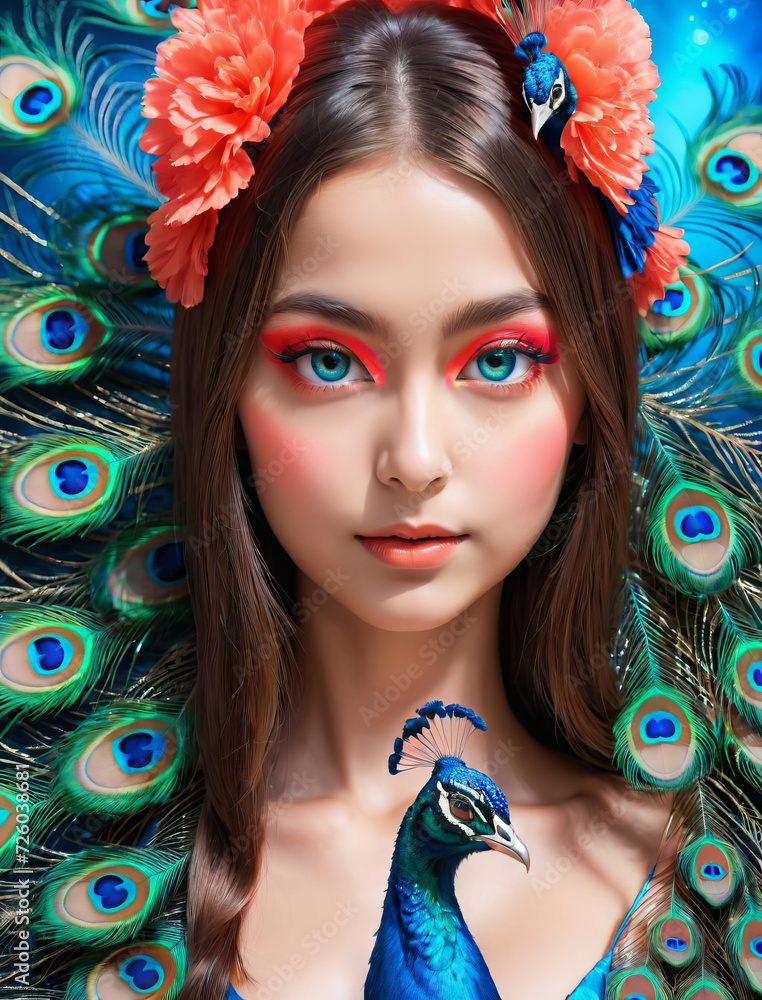 Surreal Peacock Encounter - Close-up of a psychedelic peacock with an