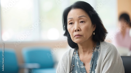 A middleaged Asian woman sitting in a doctors office her expression pensive as she listens to the options for fertility treatments. photo