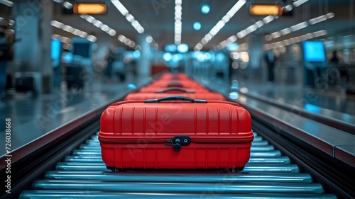 Arriving luggage rotating on a conveyor belt in the baggage claim area of a contemporary international airport, ready to be claimed