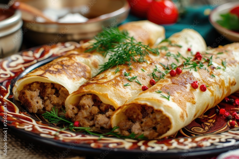Russian meal for Maslenitsa savory crepe rolls with meat filling Russian meal for Maslenitsa savory crepe rolls with meat filling