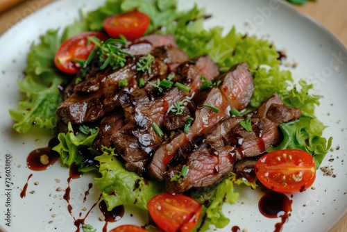 Beef with lettuce tomatoes olive oil balsamic cream