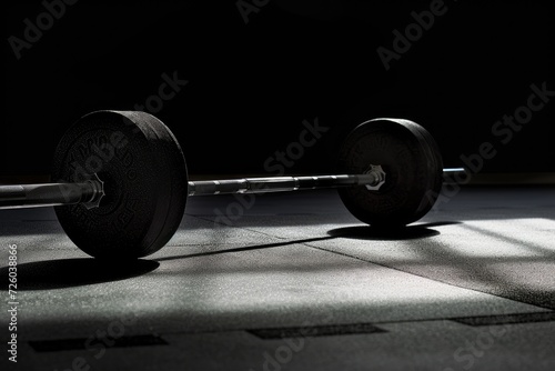 Gym shadow barbell on floor black background