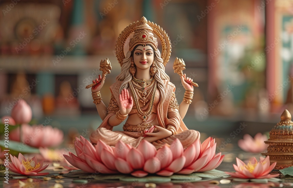 gives the Hindu goddess Laxmi, a representation of wealth and prosperity, a celestial halo and a lotus seat. gives the Hindu goddess Laxmi, a representation of wealth and prosperity, a celestial halo and a lotus seat.