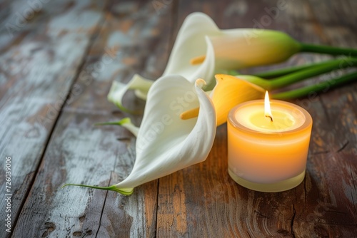 White calla flower with lit candle on wooden background Condolence card with room to write photo