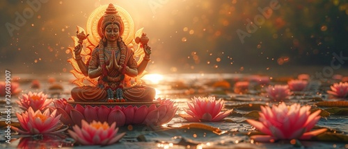 gives the Hindu goddess Laxmi  a representation of wealth and prosperity  a celestial halo and a lotus seat.