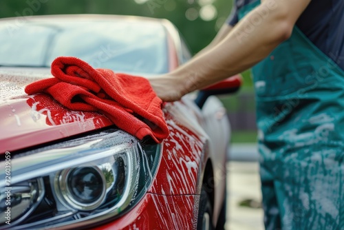 A person using microfiber cloth to clean a car the idea of car detailing or valeting photo