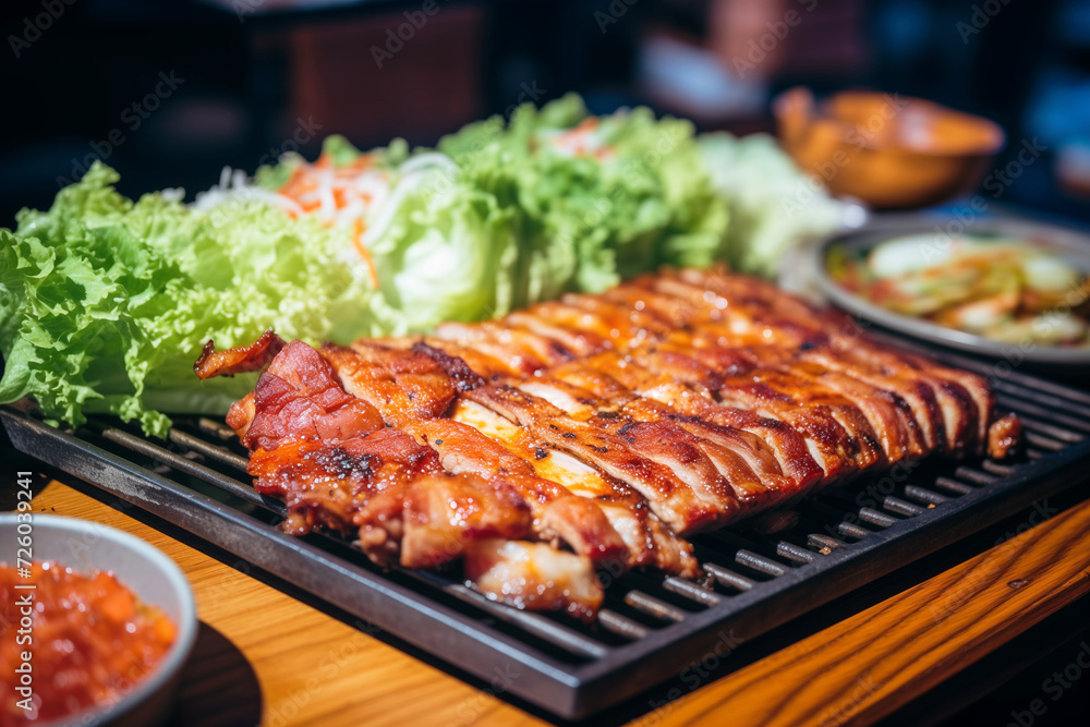 Samgyeopsal ( grilled pork belly BBQ ), korean cuisine. AI Generative