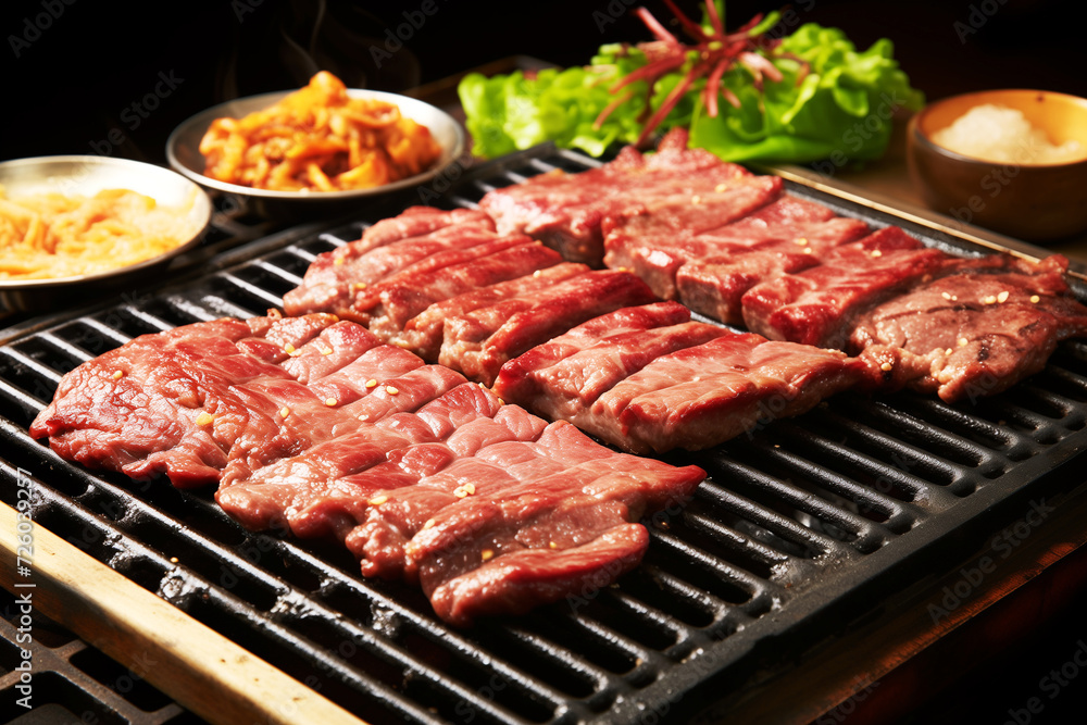 Party for barbecue japanese style, yakiniku. Meats are being cooked on stove in a japanese. AI Generative