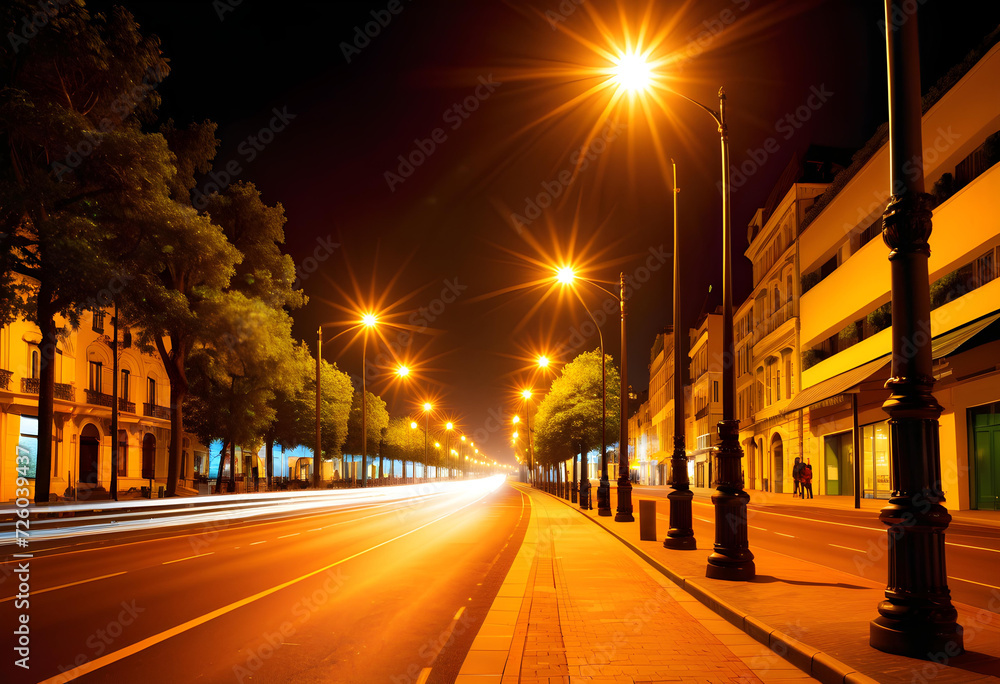 Street Lamps. Night. City Lights. Urban Scene. Illumination. Evening. Twilight. Cityscape. Dark. Glowing. Light Poles. Nightlife. Urban Landscape. Street Lighting. Urban Night. AI Generated.