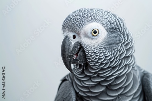 African Grey Parrot is a good imitator of human voice and speech seen in a closeup with a water drop on its beak isolated on a plain background photo