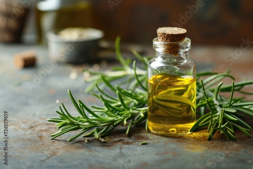 Rosemary oil in a glass bottle with a rustic background representing herbal oil with rosemary