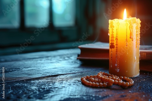 Orthodox symbols burning candle icon beads holy books on table Faith in God concept depicted Symbolizes church lent religion Assumption of Mary photo