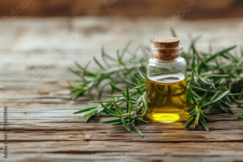 Rosemary essential oil on wood background