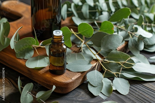 Fresh eucalyptus leaves with oil on a wood board photo