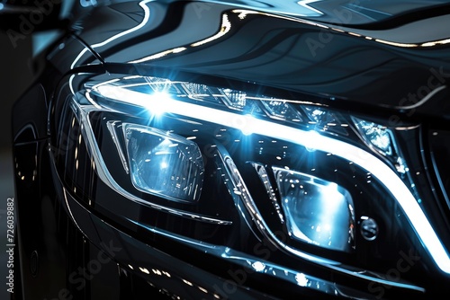 Detailed image of a LED headlight in new car black background blank space © VolumeThings