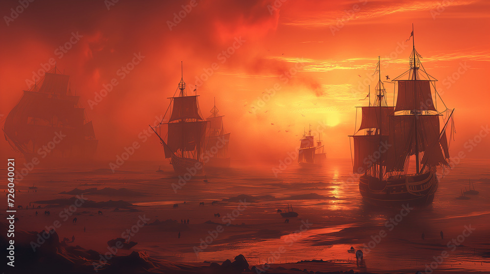 Mystical Fleet Sailing at Sunset - Fantasy Nautical Illustration
