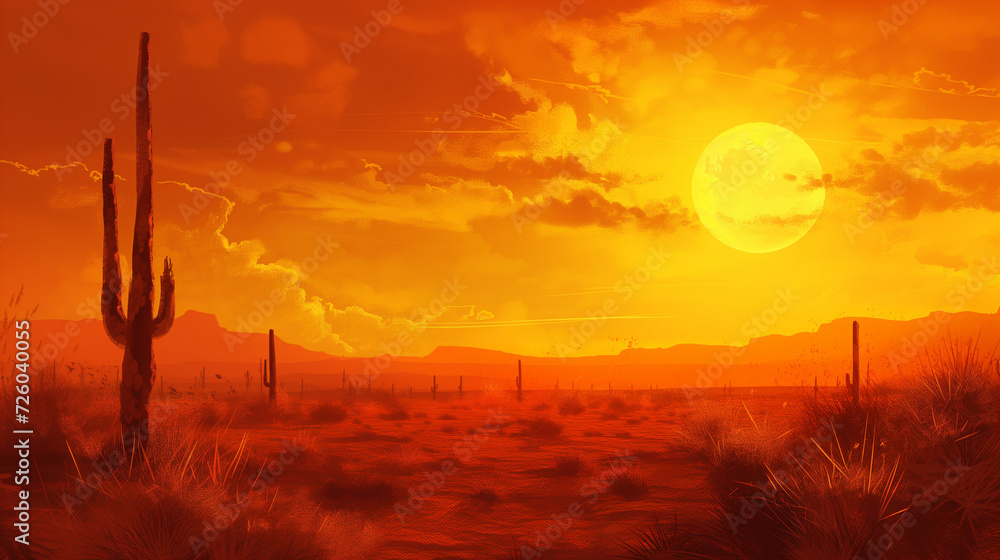 Vivid Sunset Over Desert with Saguaro Cactus - Nature Photography
 - obrazy, fototapety, plakaty 