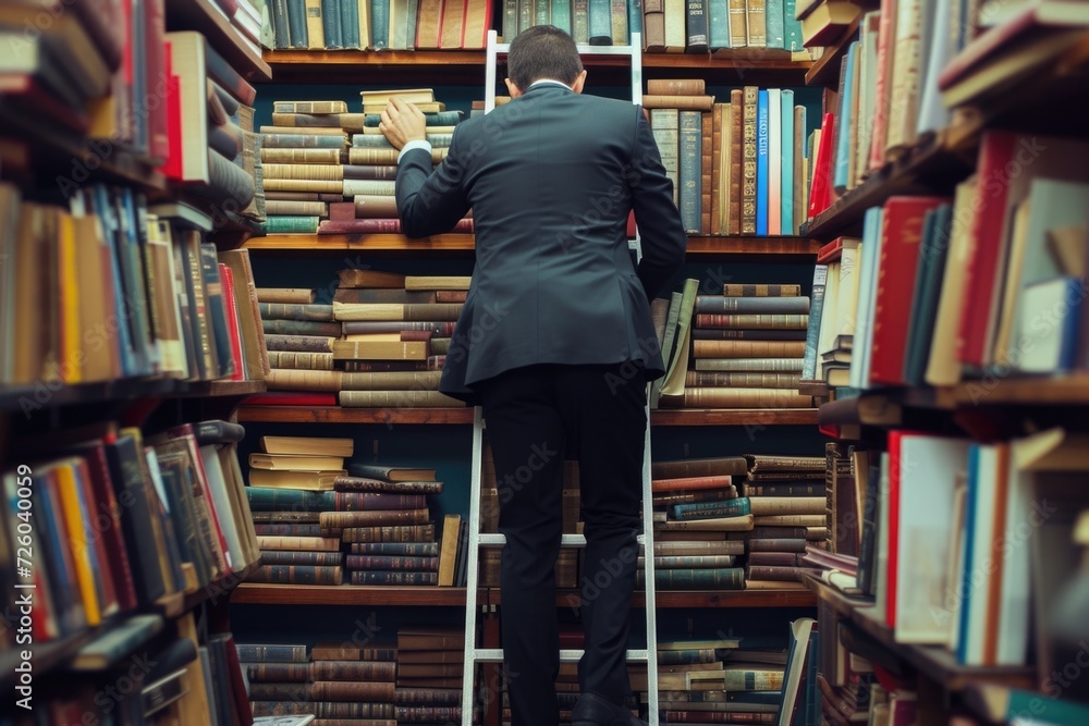 Businessman climbing a ladder, several books in the background, concept of business, knowledge and success. Businessman climbing a ladder, several books in the background, concept of business, knowledge and success.