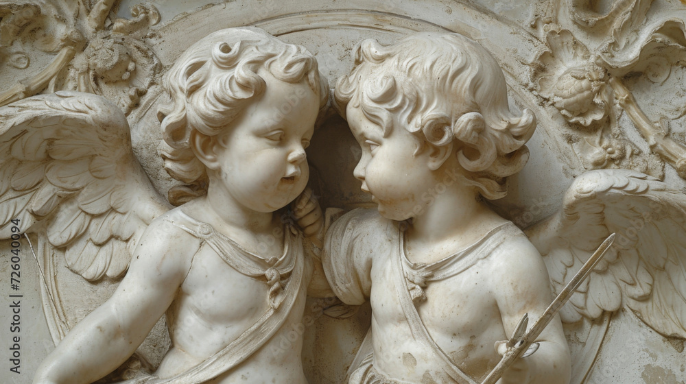 Two cherubic angels with bows and arrows playfully watch over a group of laughing children their divine protection ever present. Two cherubic angels with bows and arrows playfully watch over a group of laughing children their divine protection ever present.
