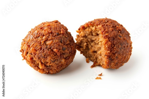 Two pieces of falafel and a broken half photographed up close on a white background separate
