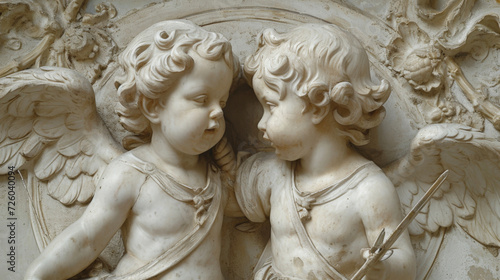 Two cherubic angels with bows and arrows playfully watch over a group of laughing children their divine protection ever present.
