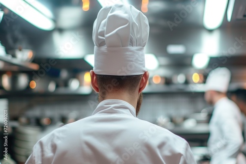 Chef with his back cooking in a restaurant, kitchen in the background, culinary and gastronomy concept.