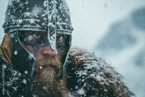 Norse warrior viking man with falling snow, Norse mythology and fantasy concept. photo