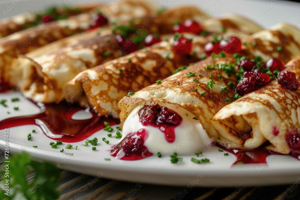 Macro shot of stuffed crepes roulade with garnishes on a beautiful white restaurant plate Macro shot of stuffed crepes roulade with garnishes on a beautiful white restaurant plate
