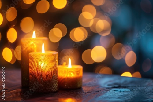 Three golden shiny candle lights on a blurred festive background
