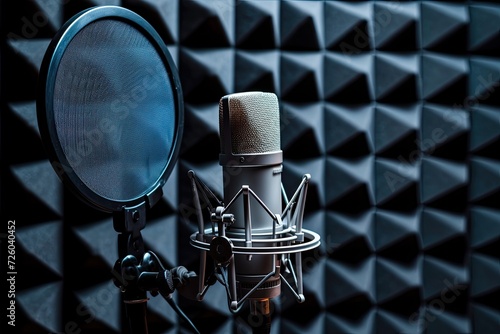 Recording studio with professional microphone and pop shield on stand featuring black noise cancelling wall