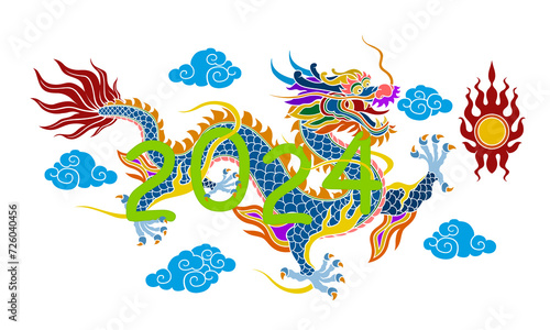 Chinese new year 2024 Tradition Chinese blue dragon graphics Line patterns on a flat colorful background are used for decoration.