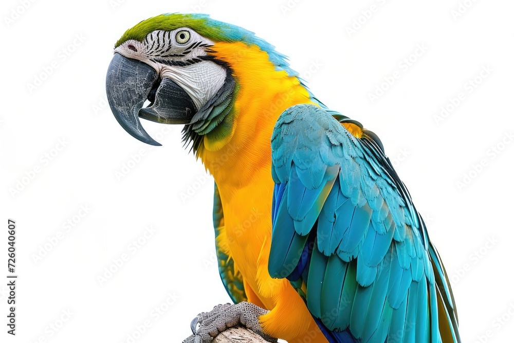 Single macaw parrot alone on a white backdrop