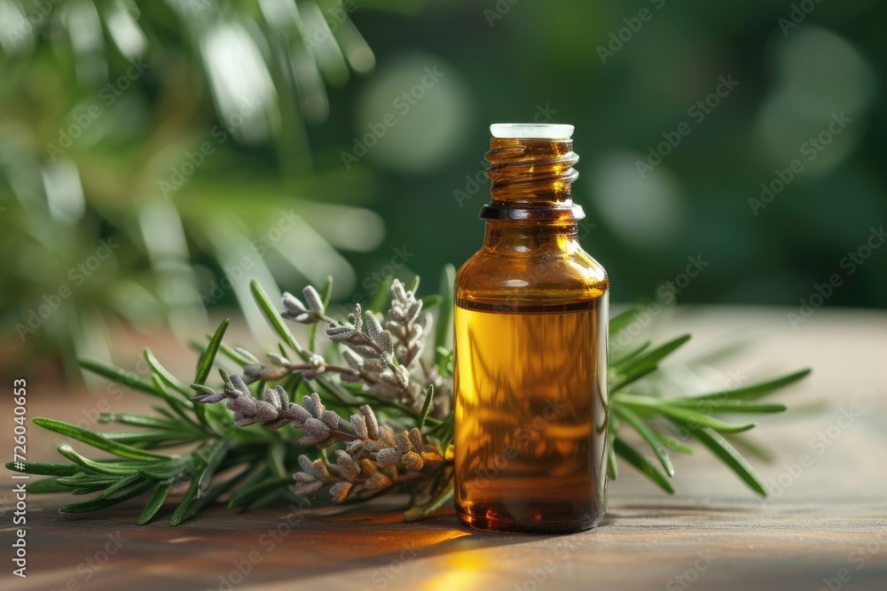 Rosemary essential oil bottle on table Rosemary essential oil bottle on table