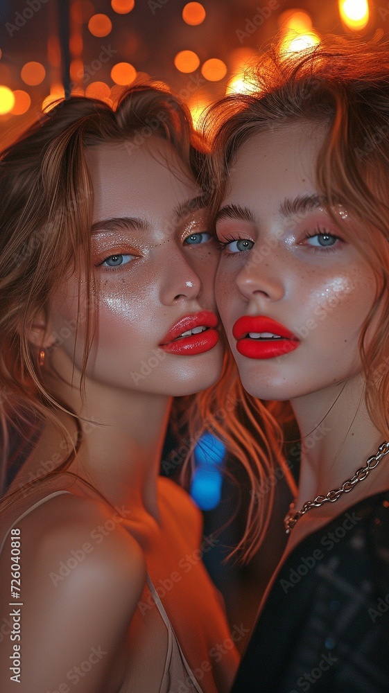 Obraz premium Wearing casual black t-shirts, two amiable women apply lipstick on their lips and prepare for a night out at home.