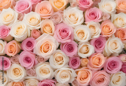 A lot of beautiful colorful roses in pale pastel colors all over the place, for a beautiful bright wall background