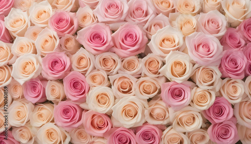 A lot of beautiful colorful roses in pale pastel colors all over the place  for a beautiful bright wall background